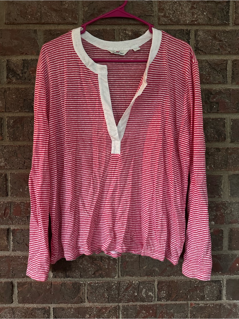 Vineyard Vines 100% Linen Striped Split Neck Henley Top Pink White L